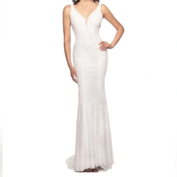 NEW ABBY PARIS SZ 2 IVORY LACE BEADED ILLUSION FORMAL EVENING GOWN - Picture 12 of 12